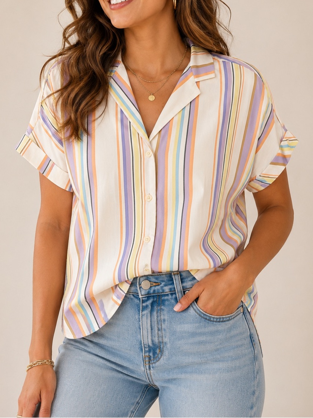 FarWest Pastel Stripe Button Front Blouse | 100% Viscose | Size Medium